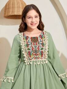 SHEIN 少女編織花卉拼布提花綑綁配飾捲邊輕便洋裝 - 綠色 - 查看 4