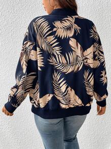 SHEIN Frenchy Übergroße Tropische Bedruckte Baseball Kragen Jacke - Blau - Übersicht 2