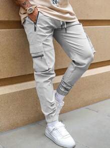 Manfinity Homme Men's Drawstring Waist Zipper Cargo Pants With Pockets - Light Grey - View 3