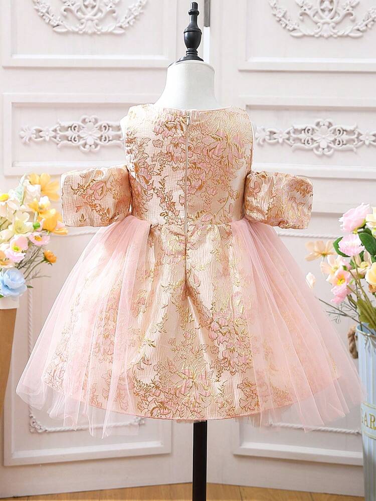 Baby Girl V-Neck Floral Fabric With Side Mesh Elegant And Noble Dress