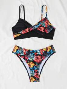 SHEIN Swim Women's Floral Printed Cross Back Design Two-Piece Bikini Set With Spaghetti Straps Summer Beach - Multicolor - View 8