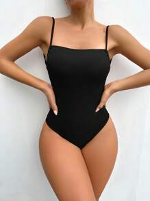 Swim SXY 夏季沙灘女士肋紋細肩帶連體泳衣 - 黑色 - 查看 2