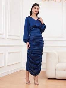 Modelyn Women's Solid Color Lantern Sleeve Ruched Dress, Wedding Guest Dress - Royal Blue - View 8