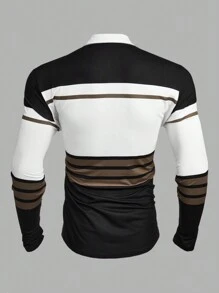Calvornis 男士半拉鍊條紋 Polo 衫，長袖黑白條紋拼接正式休閒 Polo 衫，適合登山、秋季、幽默丈夫、秋季、儀式 - 黑與白 - 查看 2