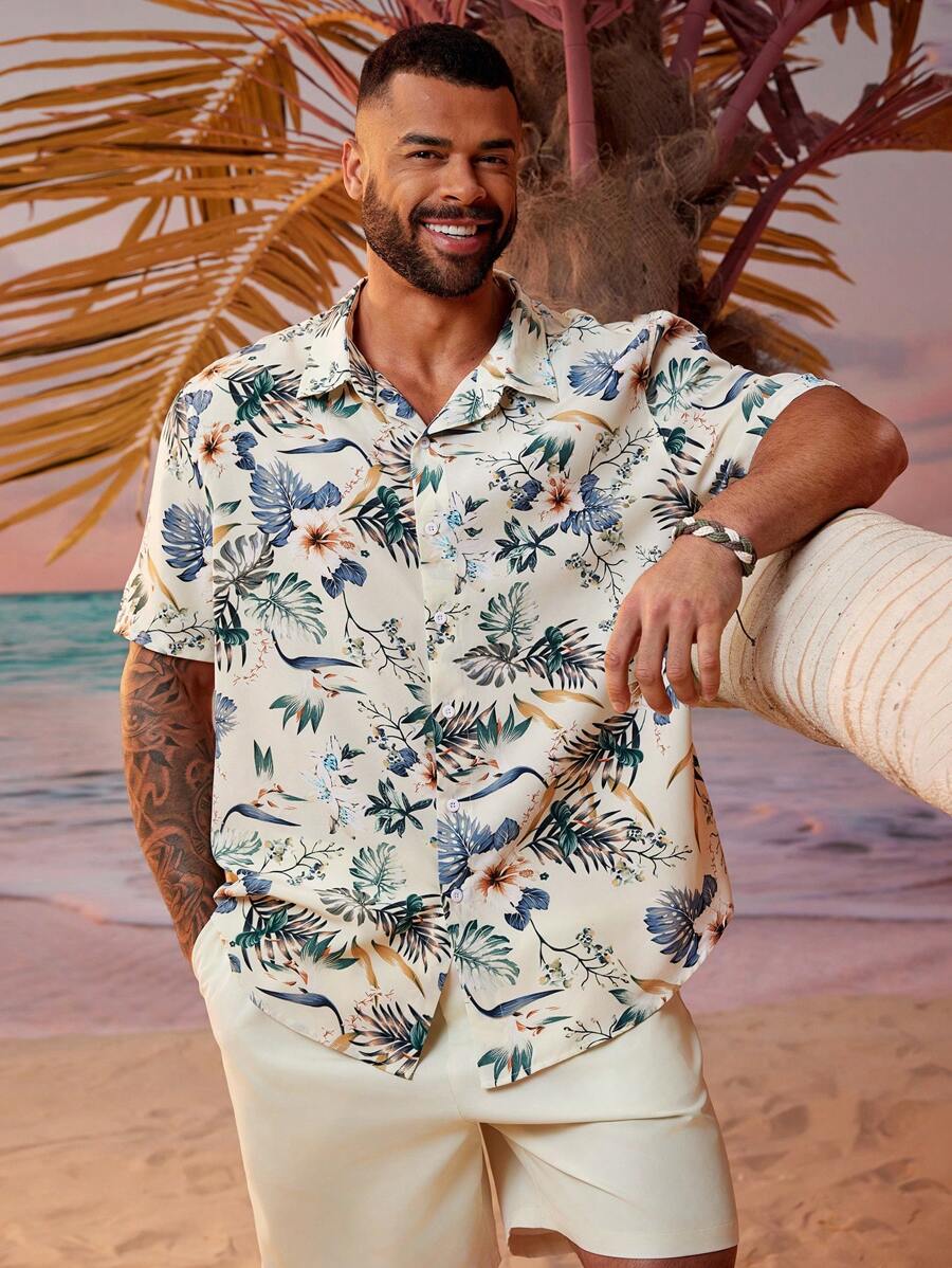 Manfinity RSRT Plus Size Men's Vacation Casual Woven 2pcs/Set Plant Printed Short Sleeve Shirt And Shorts