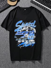 Manfinity Roghcode 男士汽车印花标语图案圆领休闲短袖 T 恤，适合朋友 - 黑色 - 查看 7