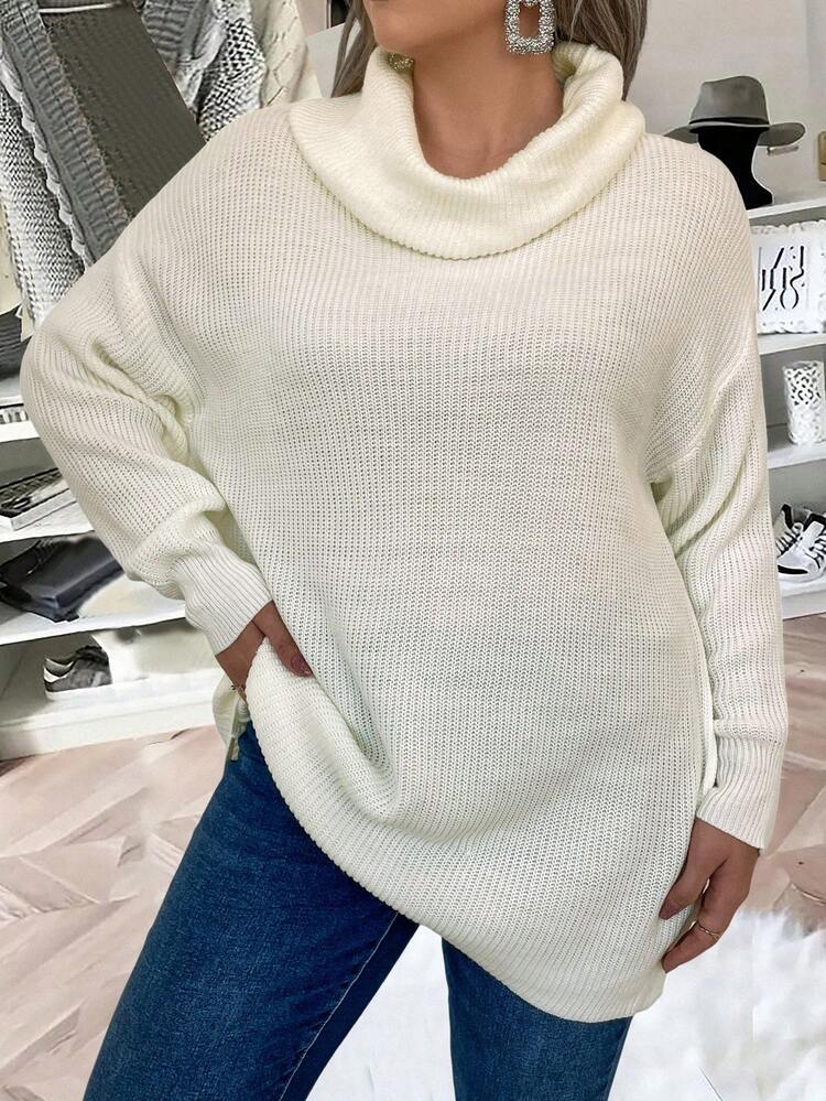 Women's Plus Size High Neck Solid Color Ribbed Loose Knitted Casual Sweater Fall Winter