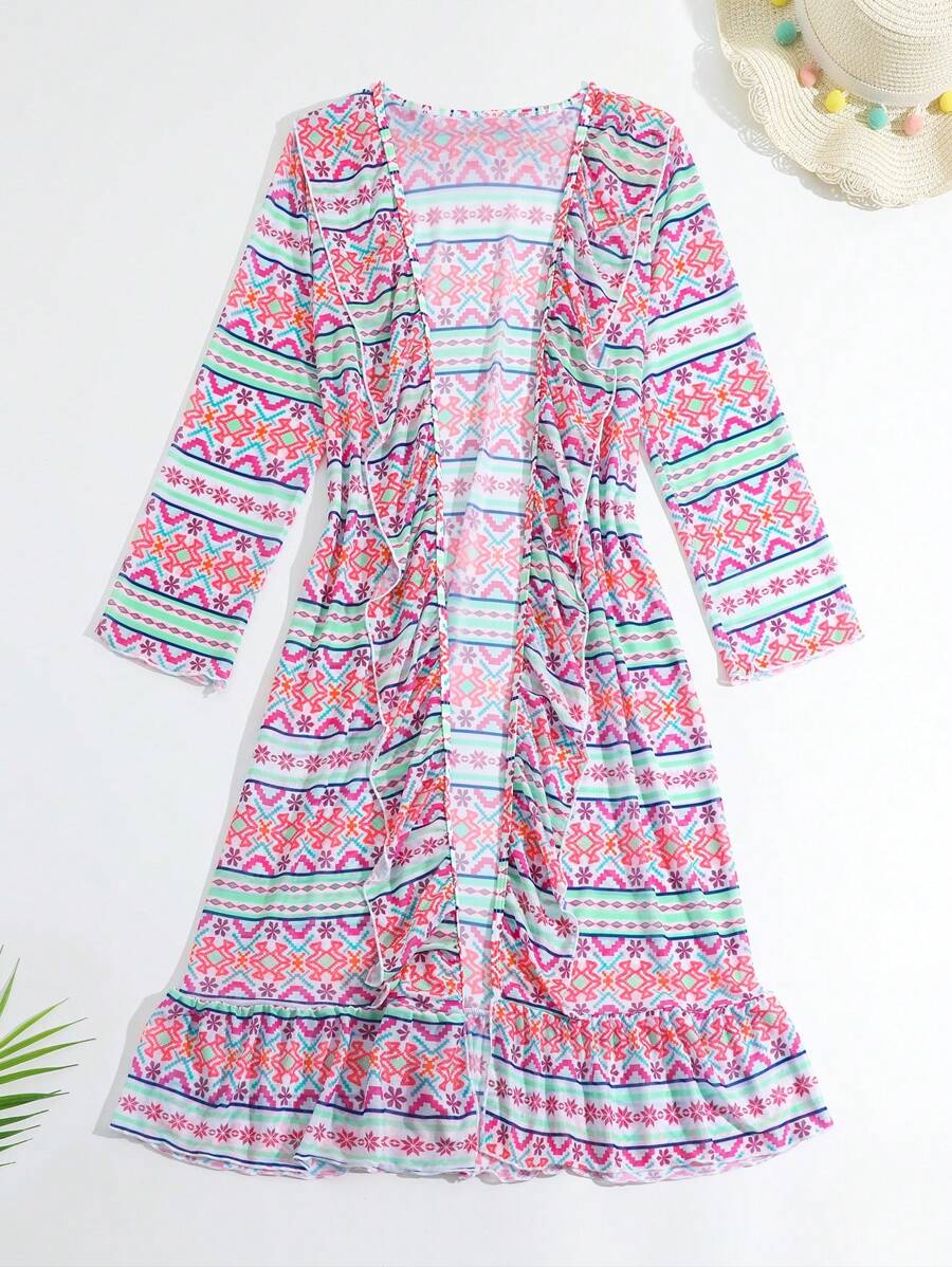 Japanese-Style Full Printed Ruffle Hem Kimono For Tween Girls