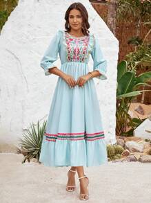 Women's Woven Floral Printed Belted Round Neck Casual Bodycon Dress - Multicolor - View 5