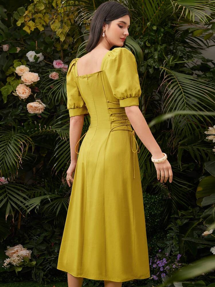 Women's Square Neck Short Puff Sleeve Single-Breasted Dress