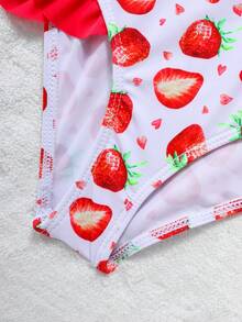Conjunto de traje de baño con camiseta con estampado de fresa para niñas jóvenes - Rojo - Ver 8
