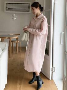 DAZY 女士純色中長款襯衫連衣裙 - 淺粉色 - 查看 8