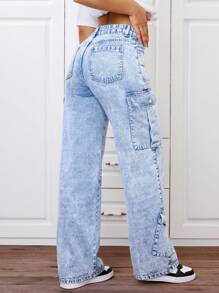 SHEIN ICON Washed Denim Cargo Pants - Medium Wash - View 5