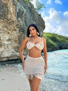 SHEIN SXY Bộ đồ hai mảnh đan móc cho kỳ nghỉ hè trên bãi biển dành cho nữ với áo ba lỗ hở vai và chân váy ngắn bó có chi tiết tua rua - Màu be - Xem 5