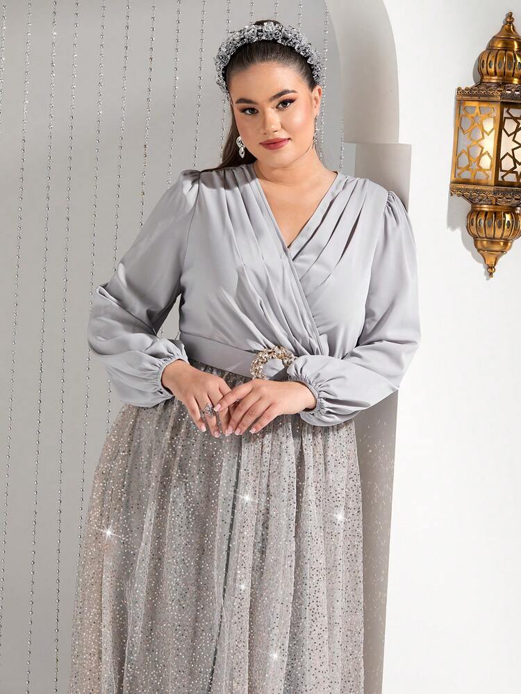 Plus Size Contrast Mesh Lantern Sleeve Dress Long Evening Dresses