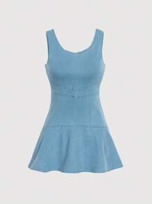 少女時尚休閒無袖牛仔裙 - 淺色水洗藍 - 查看 1