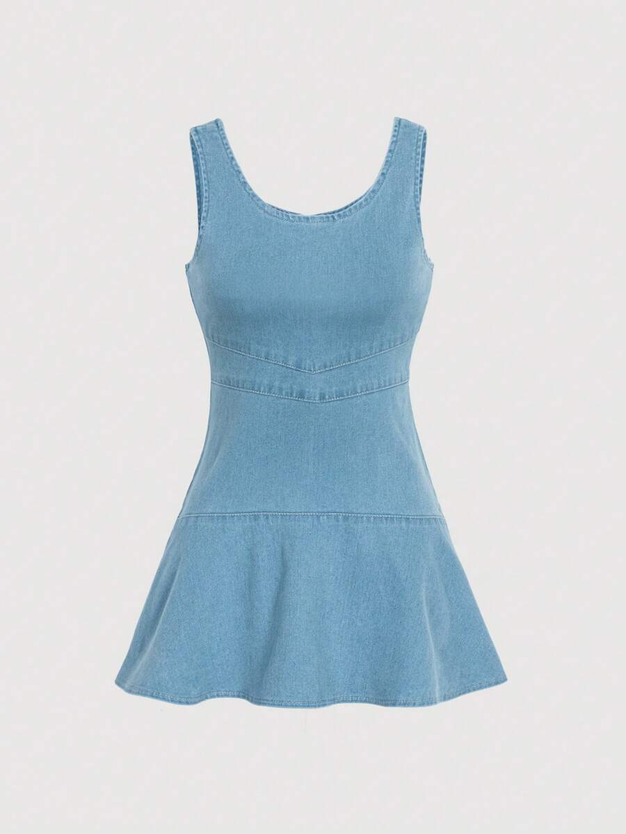 少女時尚休閒無袖牛仔裙 - 淺色水洗藍 - 查看 1