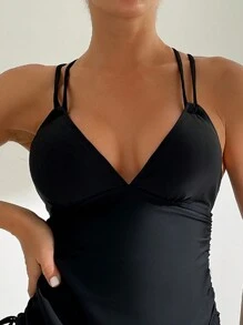 SHEIN Swim Women Solid Color V-Neck Criss Cross Drawstring Swimwear Top And Bottom Tankini Set, For Summer Beach - Black - View 4
