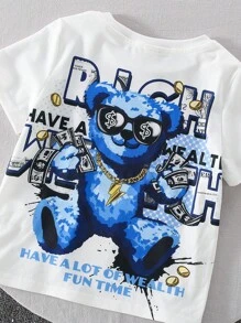 SHEIN Conjunto de 2 piezas para niño o niña con patrón de oso animado, color azul, de manga corta y cuello redondo. Incluye sudadera y pantalones cortos lisos en unicolor, ropa deportiva y de descanso suave, transpirable, cómoda y de moda