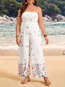 SHEIN LUNE Plus Size Floral Print Strapless Jumpsuit - Beige - View 4