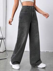 SHEIN ICON High Waist Wide Leg Jeans - Grey - View 3