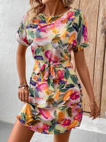 SHEIN LUNE 夏季碎花短袖女式復活節約會連身裙 - 彩色 - 查看 3