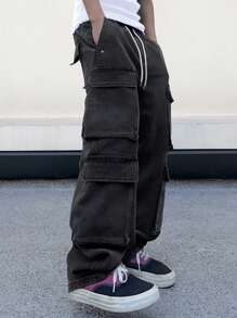 Manfinity EMRG Men's Drawstring Waist Cargo Denim Jeans - Black - View 3