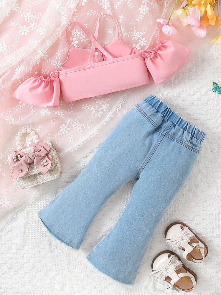 Baby Girl Pink Tank Top And Butterfly Printed Flared Jeans, Elegant And Lovely