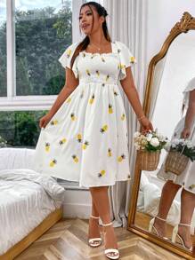 Flirla Plus Size Boho Pineapple Print Butterfly Sleeve Dress, For Summer - White - View 6