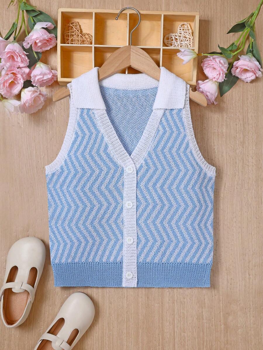Teen Girl Blue And White Striped Sweater Vest - Blue and White - View 1