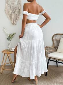 Breezaya Women's Off-Shoulder Shirred Crop Top And Slit Hem Skirt Set - White - View 2