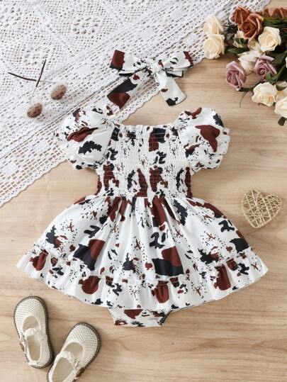 Conjunto De 2 Piezas De Vestido De Cuerpo Con Estampado De Vaca Y Dobladillo Con Volantes Y Banda Para La Cabeza De Moda Para Bebé Niña, Verano