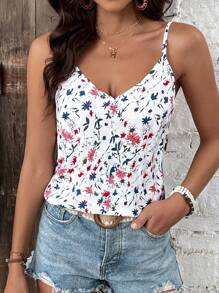 SHEIN Frenchy Lace Spliced Floral Printed Camisole Top For Women, Summer Top, Suitable For Vacation