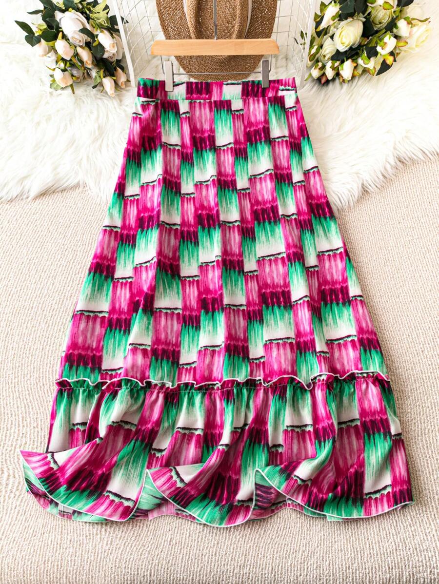 SHEIN LUNE Falda de talla grande con dobladillo de volantes en contraste de colores - Multicolor - Ver 1