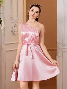 Vestido de fiesta con volantes asimétricos en el hombro para niñas adolescentes - Rosa - Ver 3