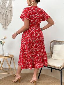 SHEIN Franclia Plus Size Women's Floral Printed Short Sleeve Dress - Red - View 2
