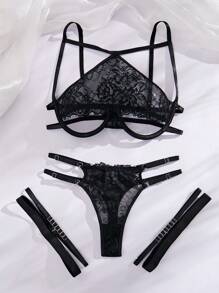 SHEIN Women's Sheer Lace Hollow Out Detail Sexy Lingerie Set - Black - View 4