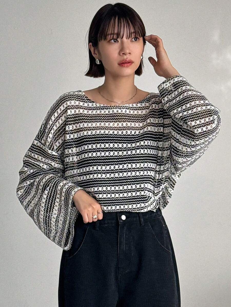 FRIFUL 女式条纹镂空上衣 长袖女式上衣 - 黑色 - 查看 1