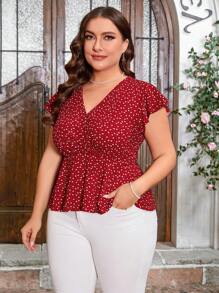 SHEIN Clasi Plus Size Butterfly Sleeve Sweet Red Summer T-Shirt With Heart Pattern