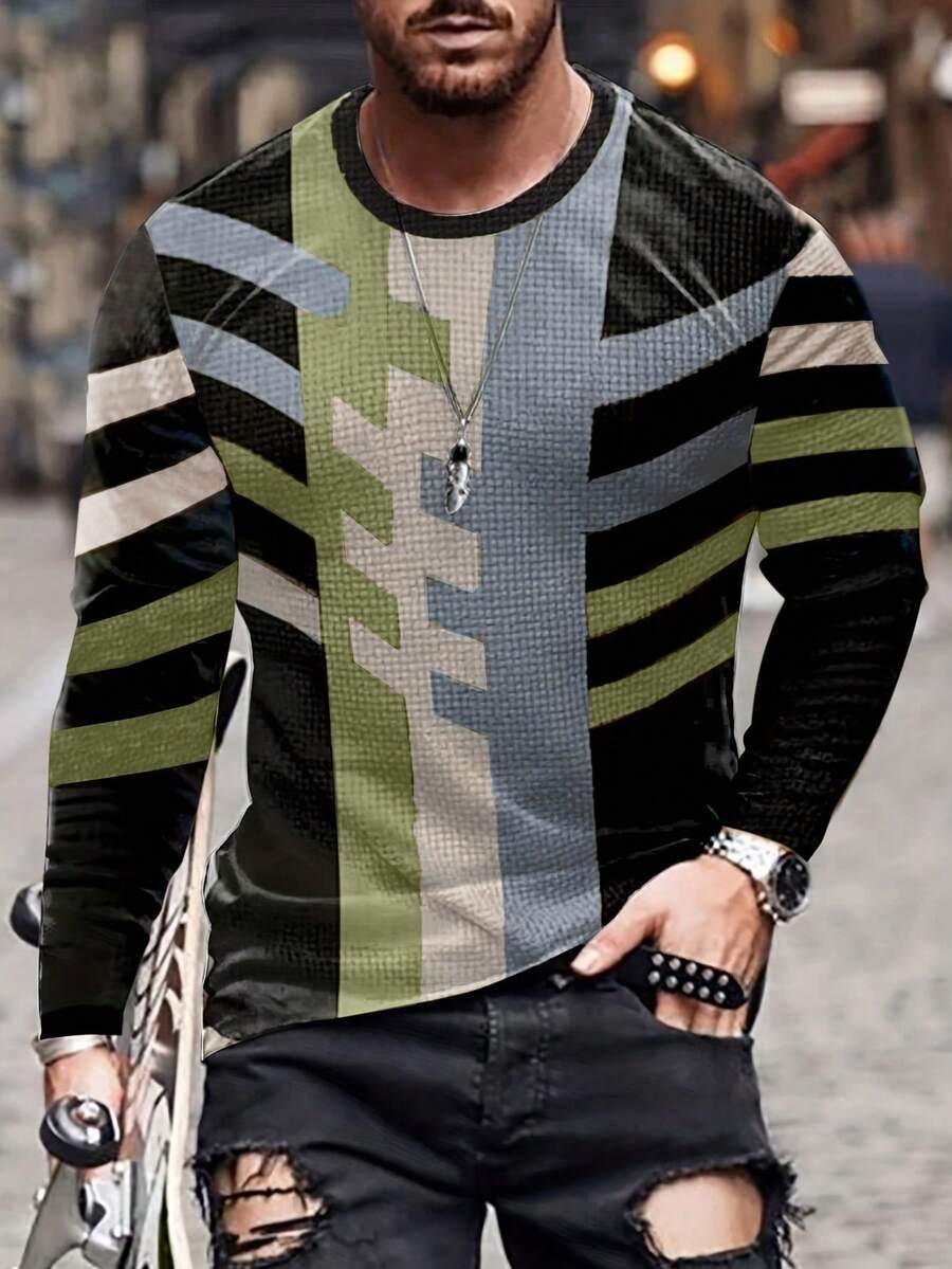 SHEIN Manfinity Homme Nam Vòng cổ Tay áo dài Áo thun - xanh quân đội - Xem 1