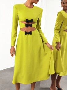 ANEL YAOS Designer Long Sleeve Wide Strap Hollow Out Bowknot Detail Elegant Dress, Sundress For Holiday, Party, Vacation, Birthday Outfits, Spring & Summer, Festival, Ibiza Fits, Wedding Prom Dress - Mustard Yellow - View 7