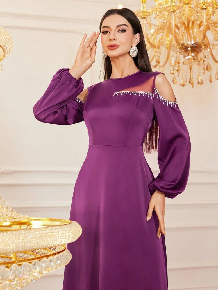 Women's Off-Shoulder Lantern Sleeve Arabian Style Dress With Rhinestone Decoration,Elegant Evening Party Dress Long Evening Dresses