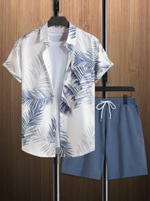 Manfinity RSRT Men's Tropical Print Short Sleeve Shirt And Shorts With Slanted Pockets, 2pcs/Set - Dusty Blue - View 3