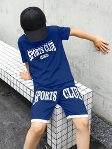 SHEIN Tween Boys' Letter Printed Short Sleeve T-Shirt And Shorts Basketball Set - Royal Blue - View 7
