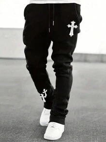 Manfinity LEGND Men's Drawstring Waist Cross Print Sweatpants Street Wear Drawstring Sweatpants, For Husband, Boyfriend Gifts, For Rave - Black - View 1
