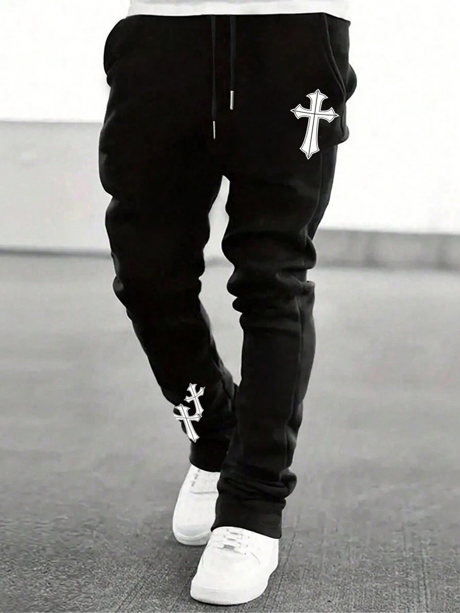 Manfinity LEGND Men's Drawstring Waist Cross Print Sweatpants Street Wear Drawstring Sweatpants, For Husband, Boyfriend Gifts, For Rave - Black - View 1