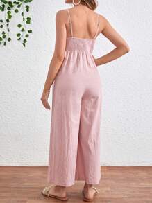 SHEIN Maternity Front Tie & Hollow Out Wide Leg Jumpsuit With Spaghetti Straps - Pink - View 2
