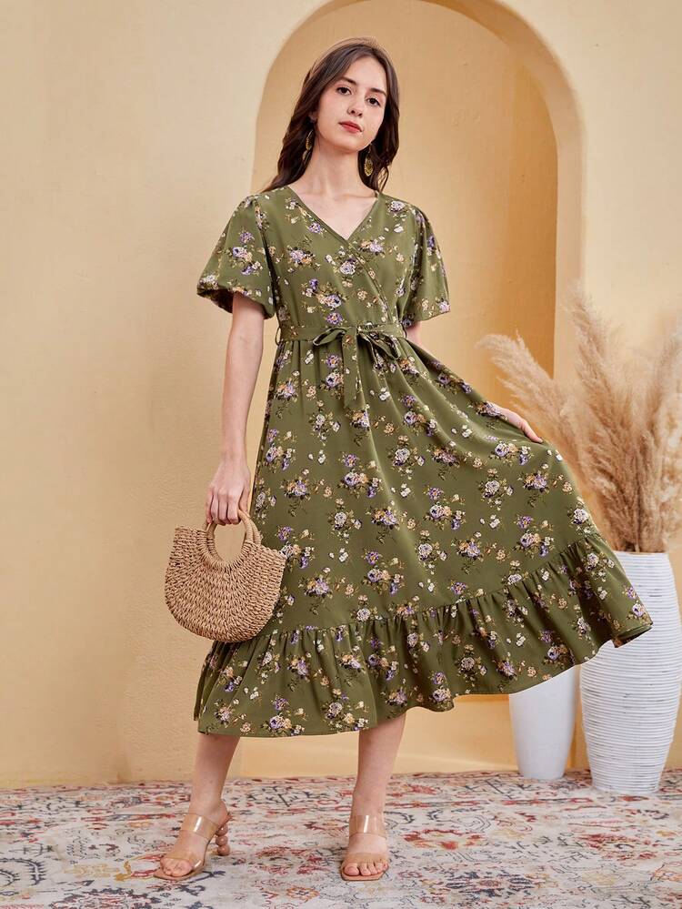 Teen Girls' Woven Floral Print Short Sleeves Dress For Vacation