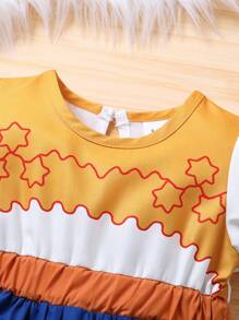 Elegante en zoete pofmouwen kleurblok sterren bedrukt patchwork koe bedrukte prinsessenjurk voor babymeisjes, perfect voor zomerfeesten, vakanties en vrijetijdskleding