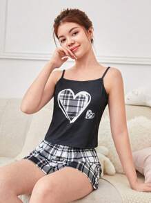 SHEIN 青少年女孩針織心型吊帶背心上衣和格紋短褲阻燃睡衣套裝 - 黑與白 - 查看 1